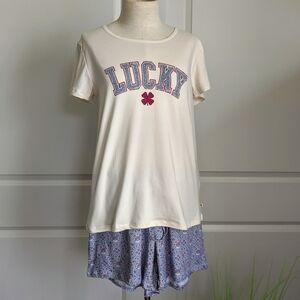 Lucky Brand Pajama Lounge Set Shorts Short Sleeve Tee Top White Red Blue M NWT